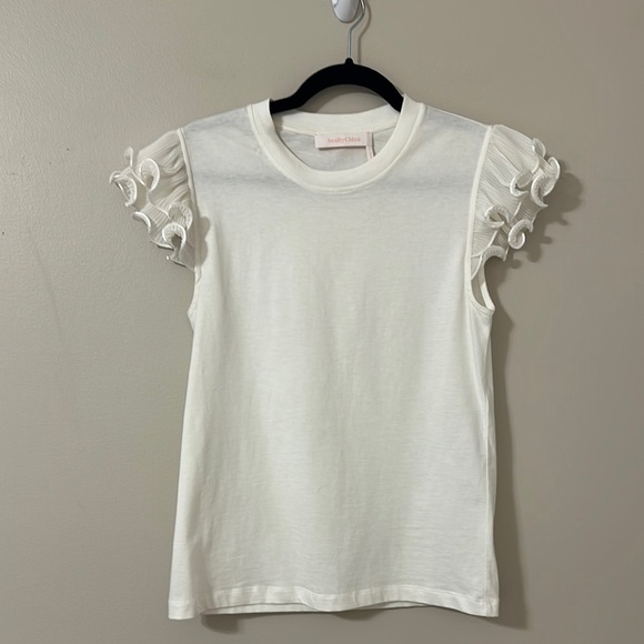 See by Chloe Womens Organza Ruffle-Sleeve Cotton T-Shirt Size XS Preppy Chic - Picture 3 of 9